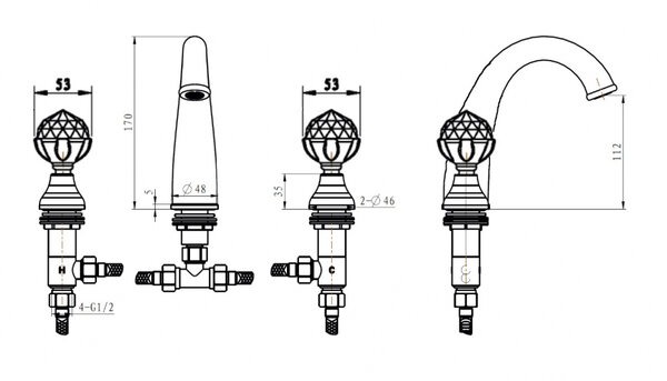 Смеситель для раковины на 3 отверстия Boheme Imperiale 337 Presente, золото