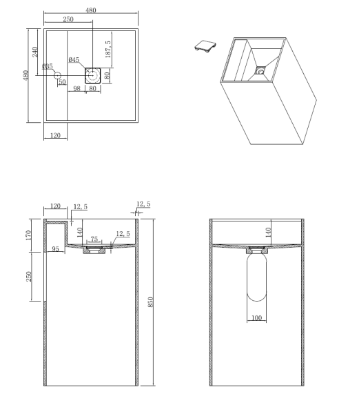 Раковина напольная Cube Corian 480*480*850 Matt White 802-MW белый